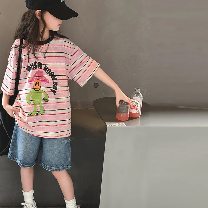 女童短袖t恤夏季2025新款时髦夏装大童纯棉休闲百搭条纹打底上衣