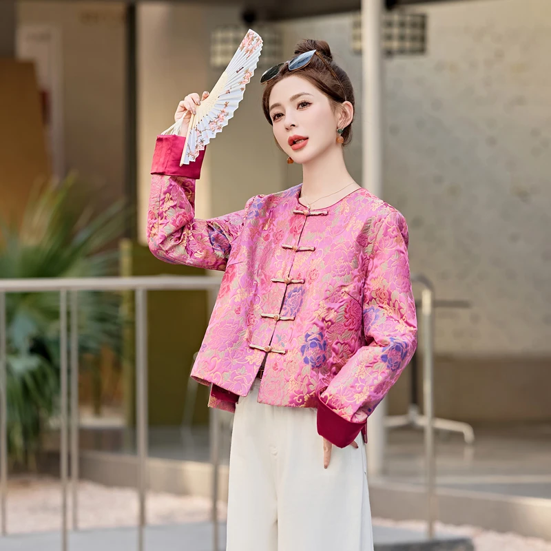 中国风小个子粉色宋锦短款外套女2025春新款高端新中式唐装上衣