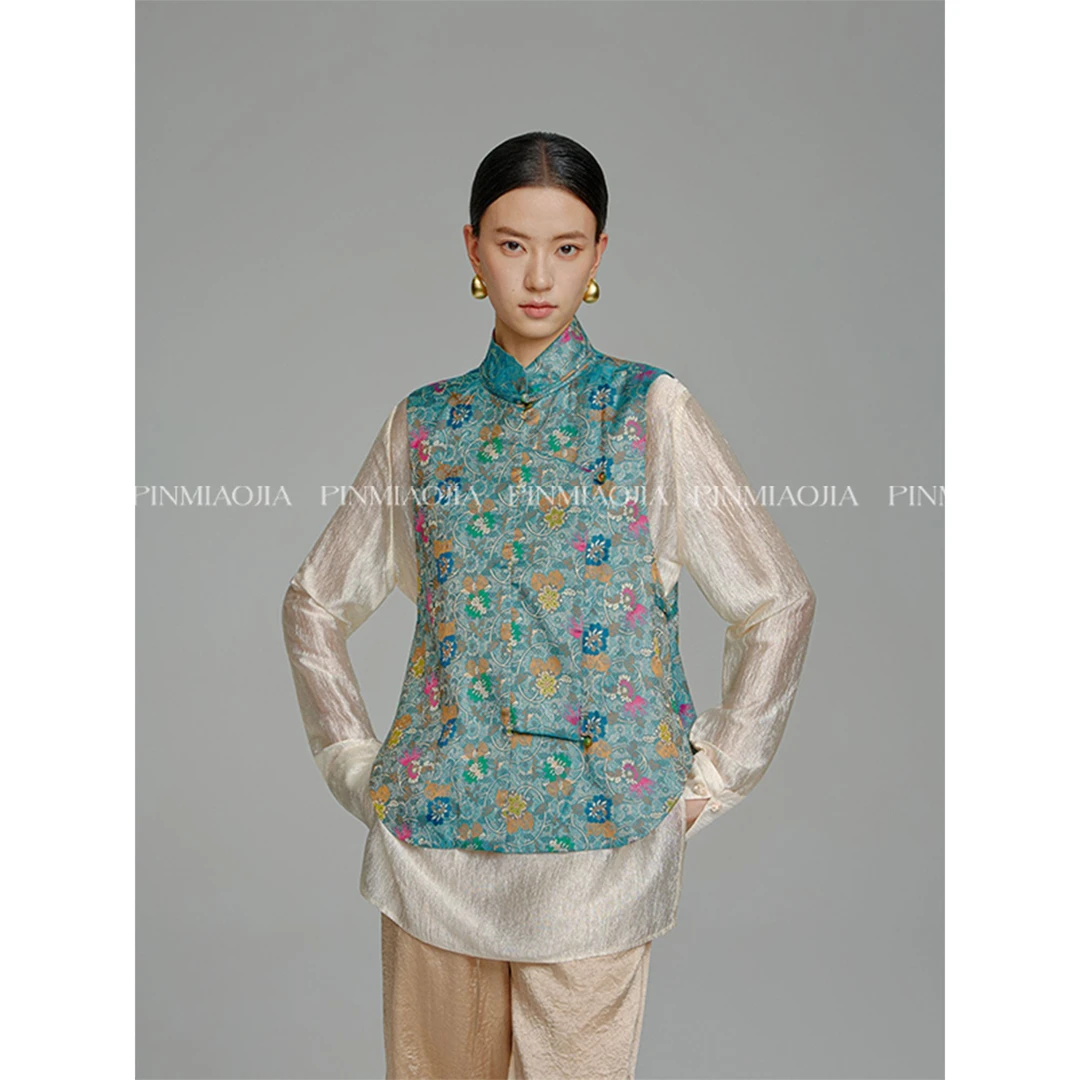 品妙家【锦簇繁花二】100%桑蚕丝老宋锦马甲秋冬女士新中式马夹国风