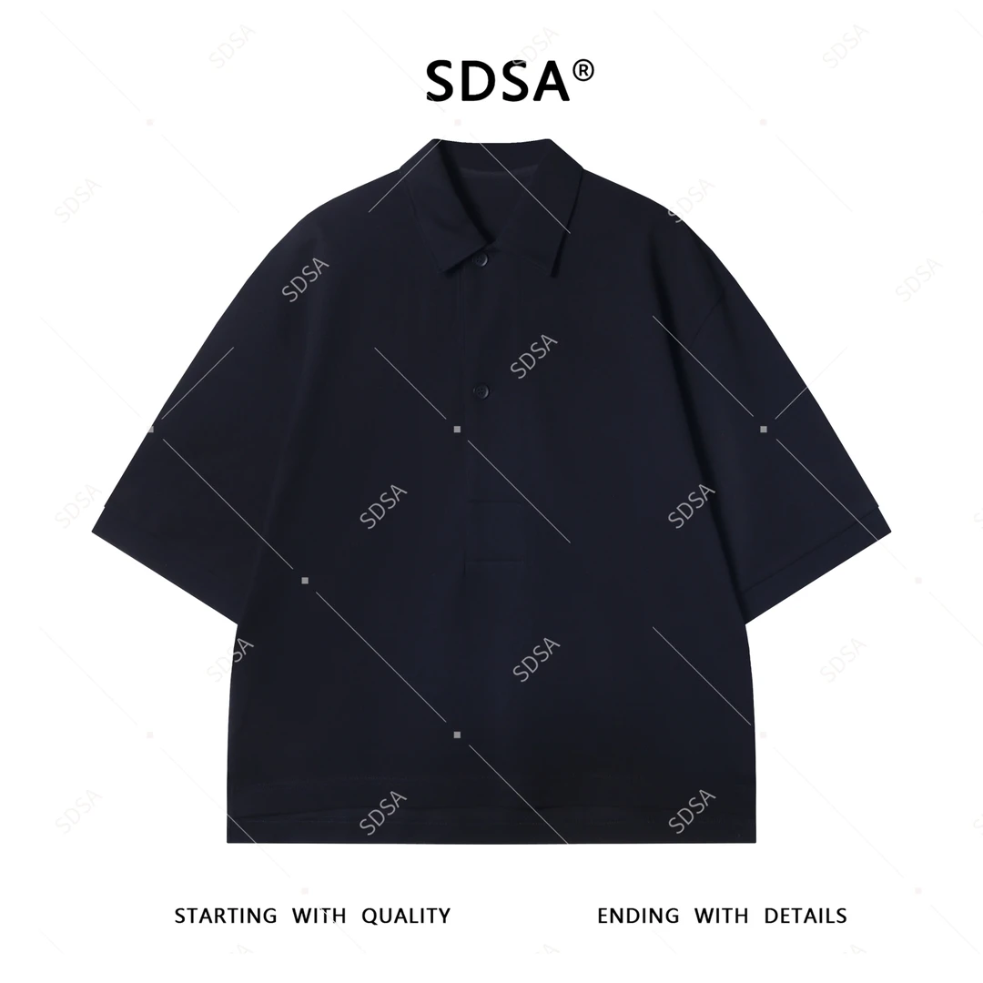 夏季高级感新款男士纯色纽扣polo领短袖T恤前短后长设计商务上衣