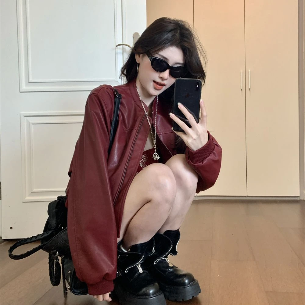 美式复古小香风红色皮衣外套女25秋新款小个子好看短款机车夹克春