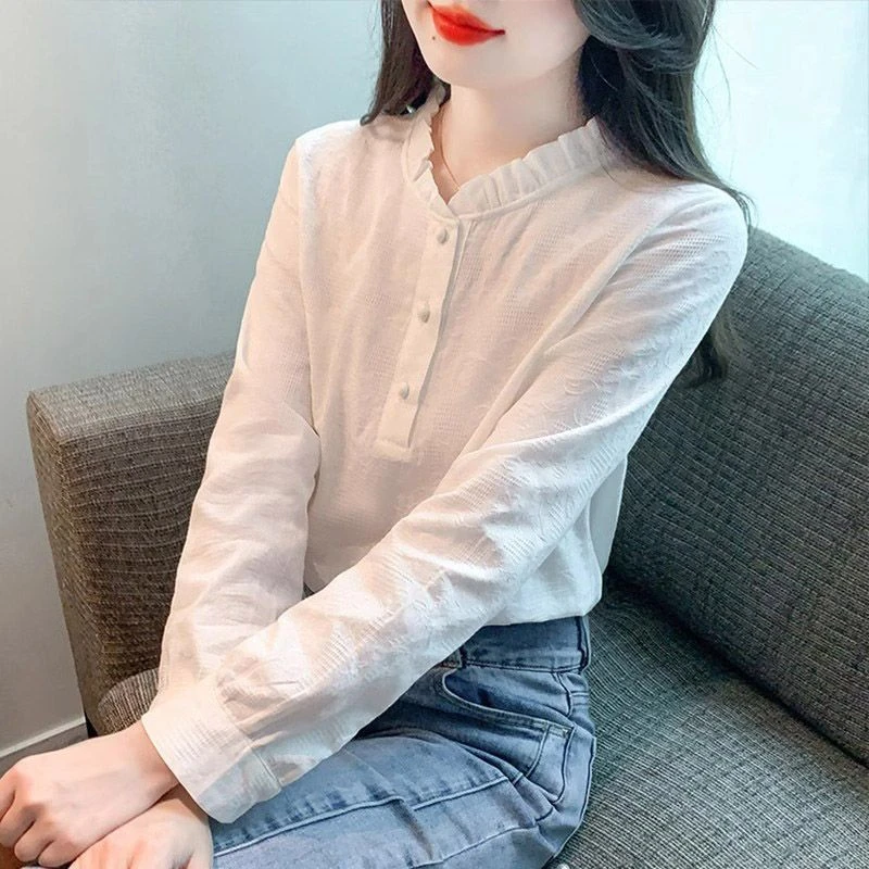 【退货运费全补】纯棉提花长袖衬衫女春季立领刺绣衬衫打底衬衣小衫