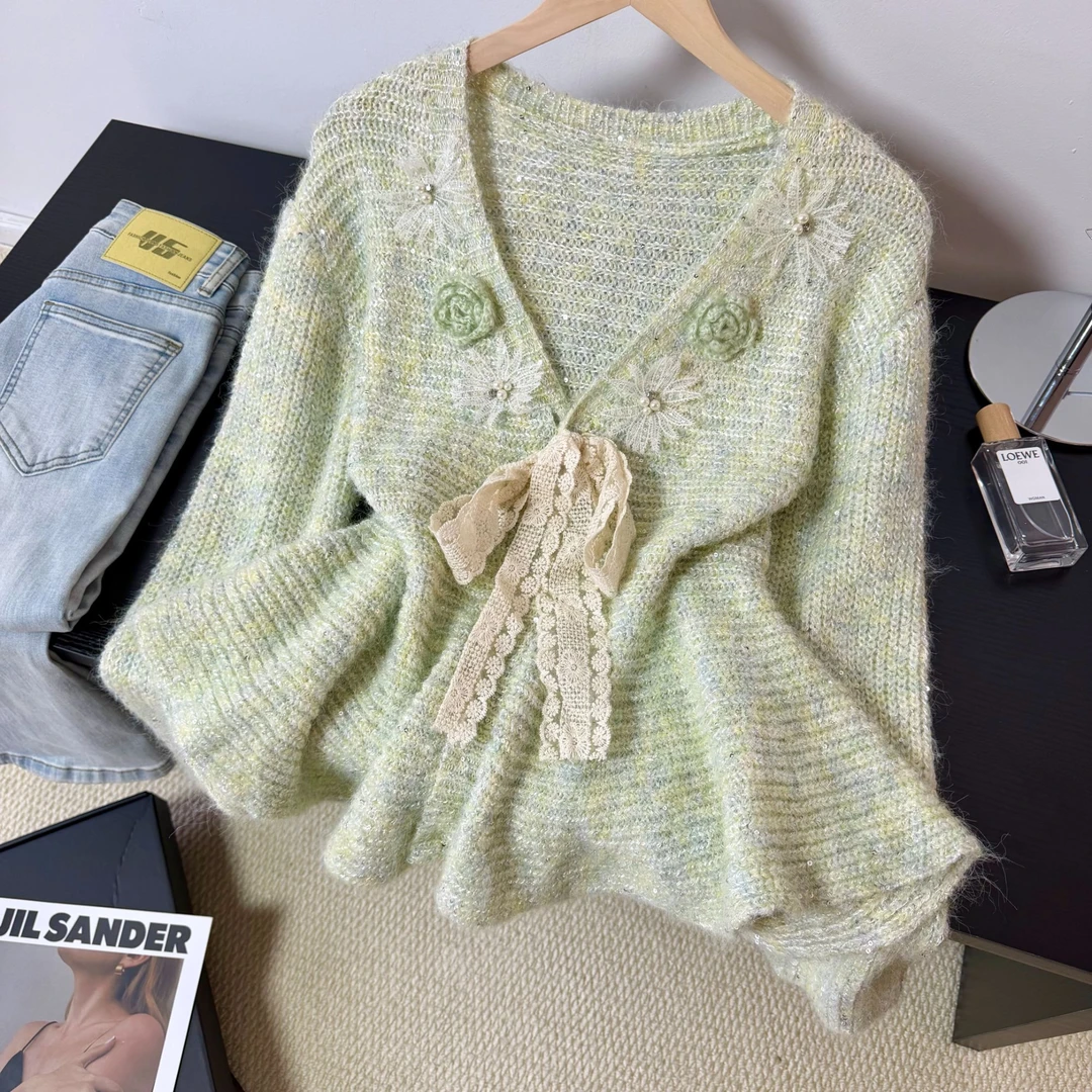 慵懒风蕾丝蝴蝶结宽松长袖毛衣秋冬新款甜美针织衫上衣MYKS009