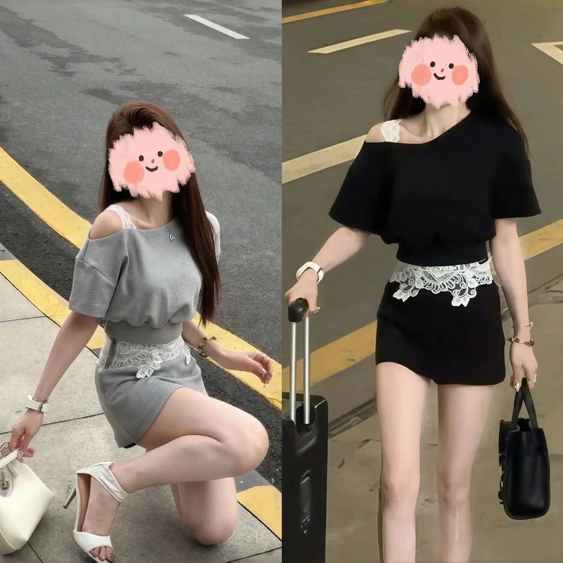 2025夏季时尚气质辣妹套装女性感斜肩蕾丝卫衣+高腰半身裙两件套