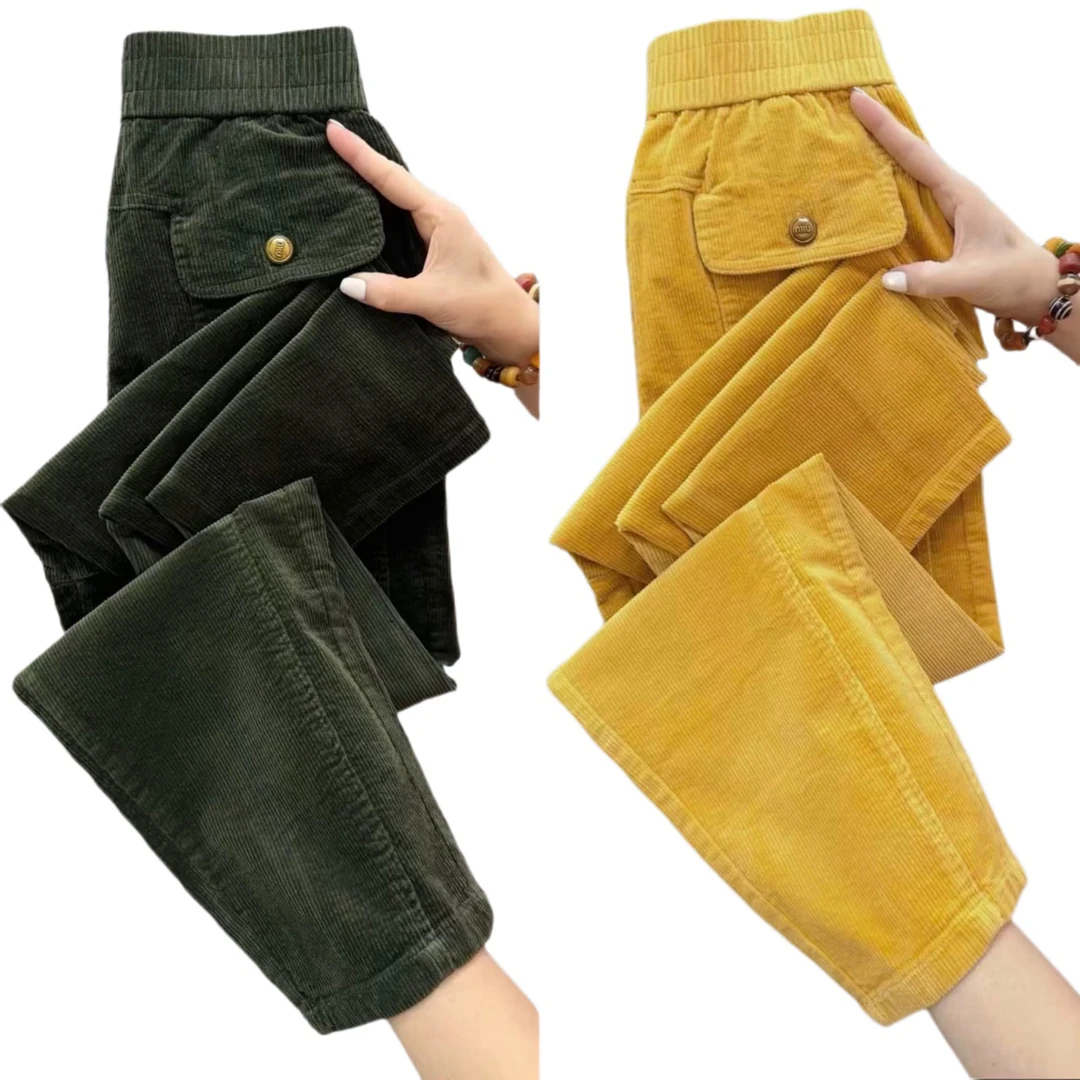 P2858秋款彩色弹力不加绒灯芯绒条绒后兜纽扣工装休闲女裤