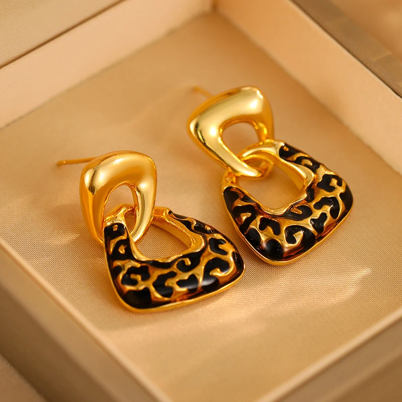 合金珐琅耳饰 欧美个性时尚复古金属几何豹纹耳环女小众气质百