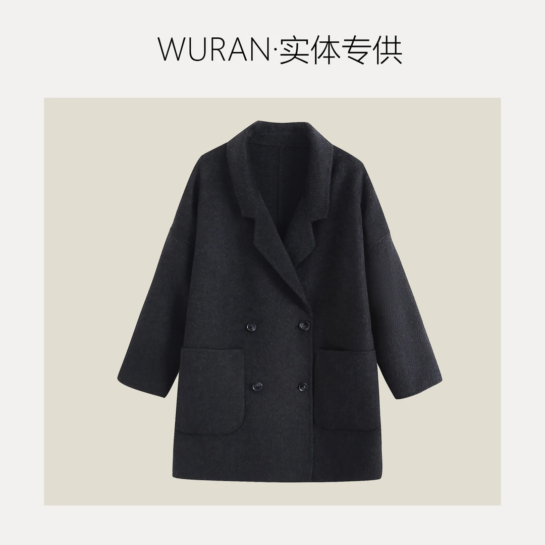 17编号901黑色中长款双面呢毛呢外套女羊毛通勤宽松显瘦呢大衣