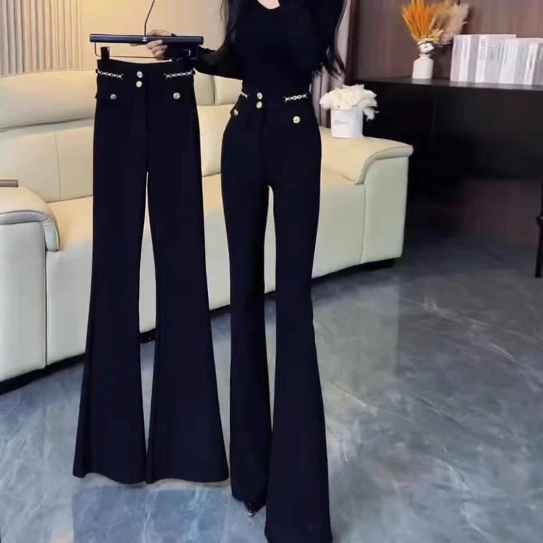 网红同款高腰喇叭裤女2025新款设计感垂感弹力紧身马蹄裤长裤8772
