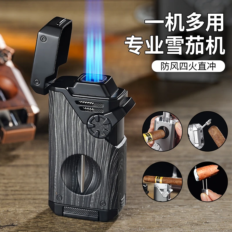 茄龙雪茄打火机防风直冲5大功能带雪茄V剪开孔器烟托通针CB-25CM