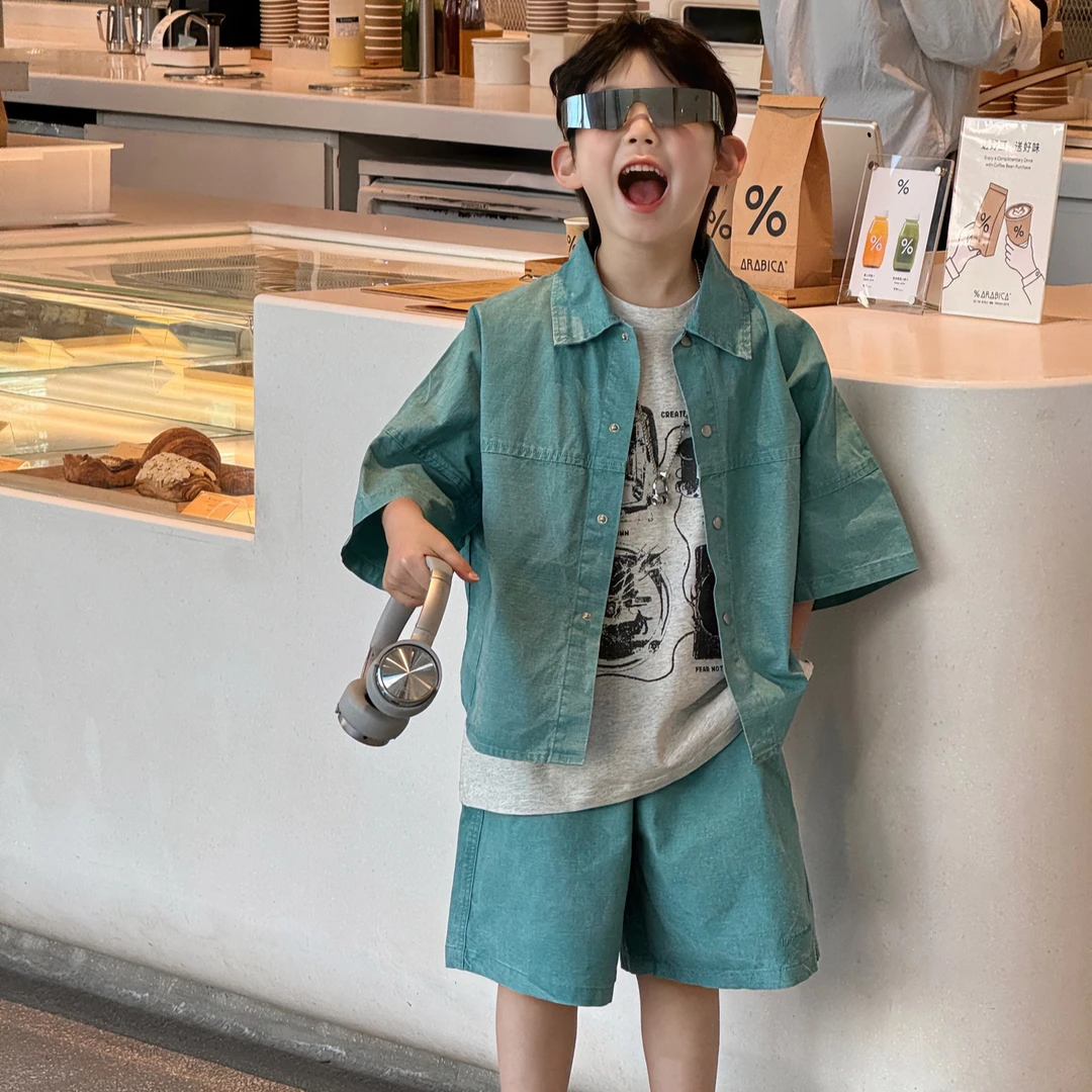 2025夏季新款韩版男童百搭炒洗设计感套装儿童上衣短裤两件套