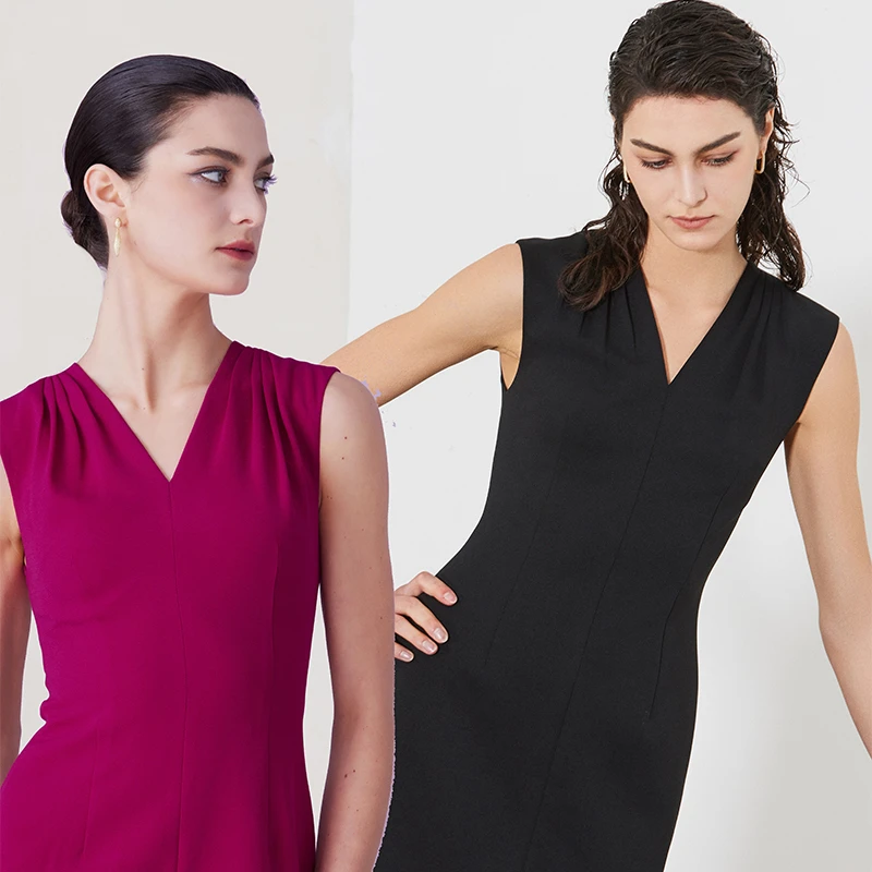 简约时髦大女主V领膝上轻松职场醋酸玫红连衣裙