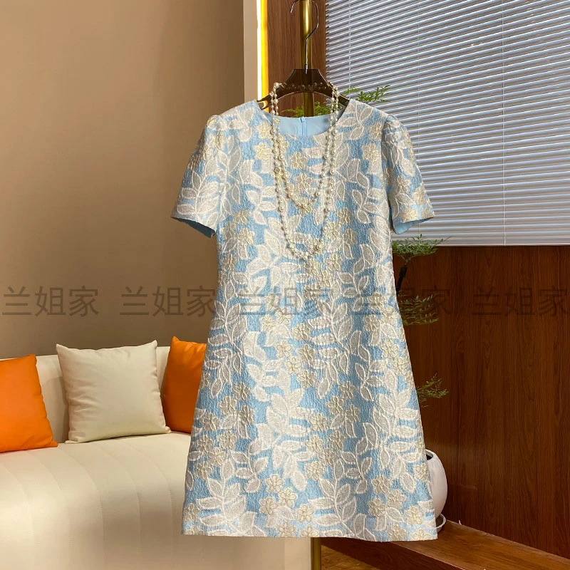 【金钱叶1】设计2025夏季新款小香风名媛圆领提花烫金A字短袖连衣裙