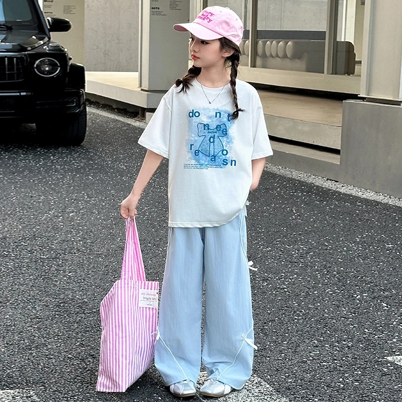 女童短袖T恤套装夏季2025新款女大童洋气时髦休闲儿童阔腿裤夏装