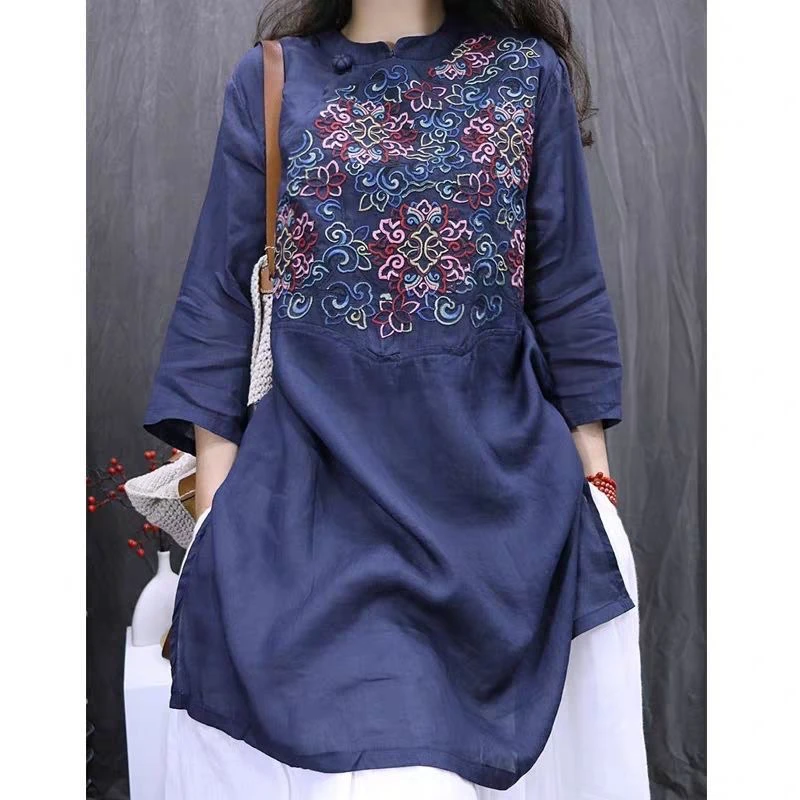 春秋夏复古显瘦重工刺绣文艺百搭棉麻上衣包边宽松洋气中长款衬衫