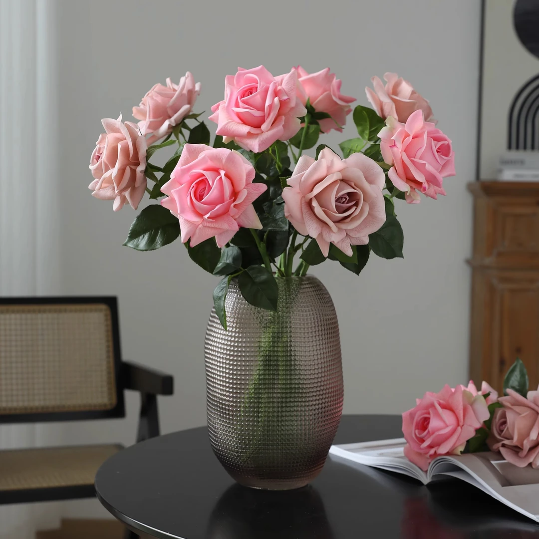 桑宁玫瑰花仿真花客厅装饰摆件手感保湿桌面单枝假花落地摆设道具