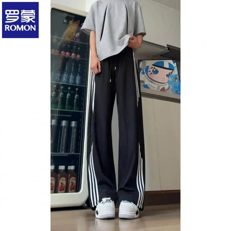罗蒙2025男款小众三条杠运动冰丝裤夏季垂感阔腿裤潮牌宽松休闲裤