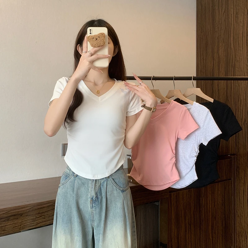 芷蕾2025新款大码褶皱收腰V领正肩短袖t恤女百搭微胖辣妹显瘦上衣
