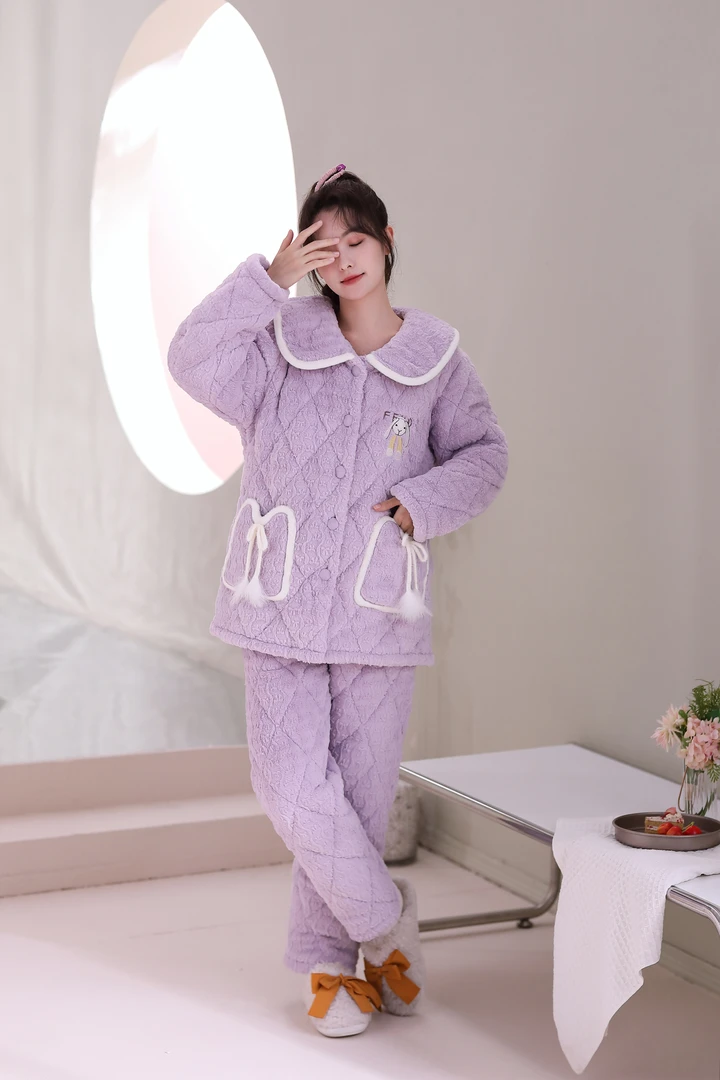 女保暖冬季青年睡衣家居服套装冬款冬天毛绒加绒