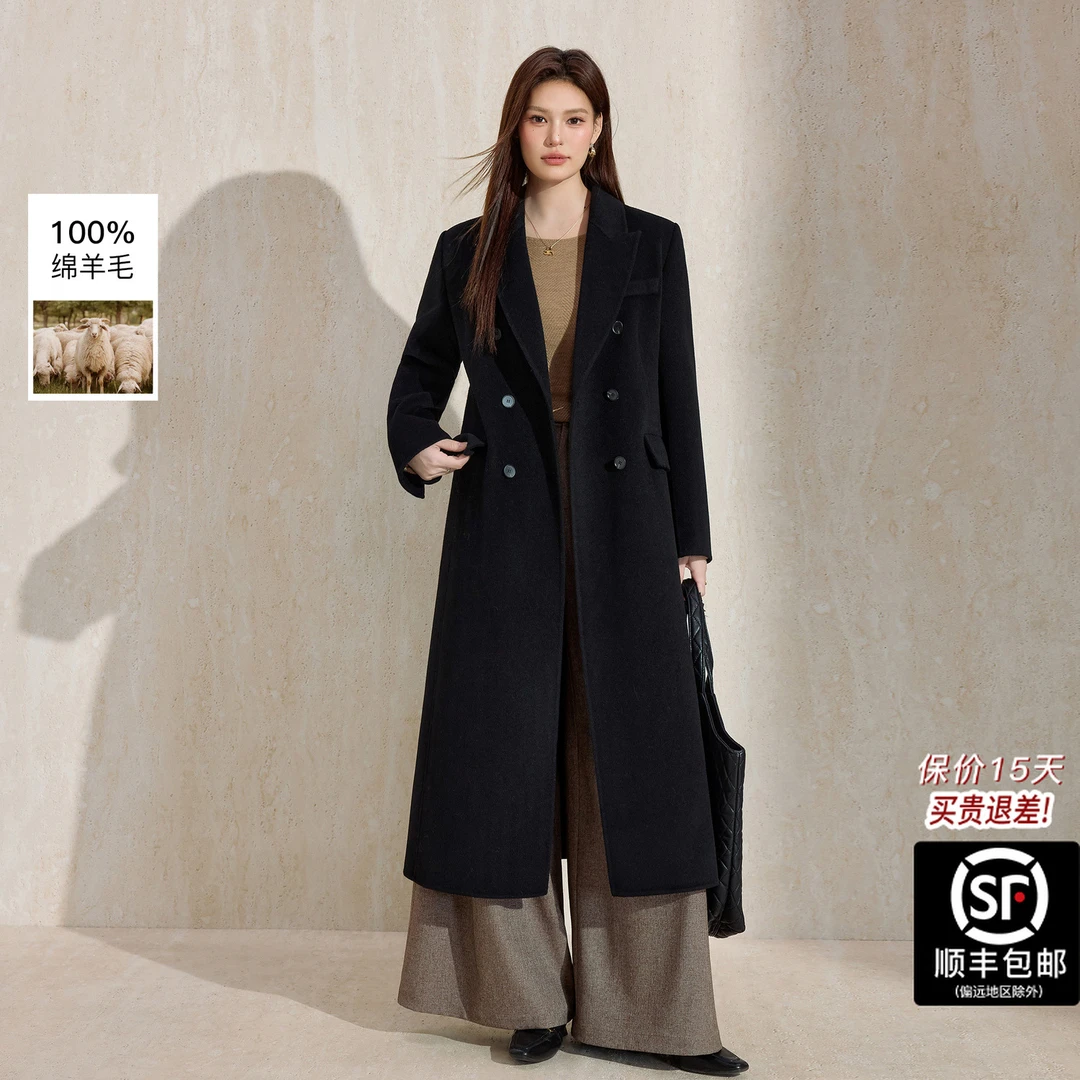 蓝语大码女装赫本风全羊毛双面呢大衣2025冬季新款中长款毛呢外套