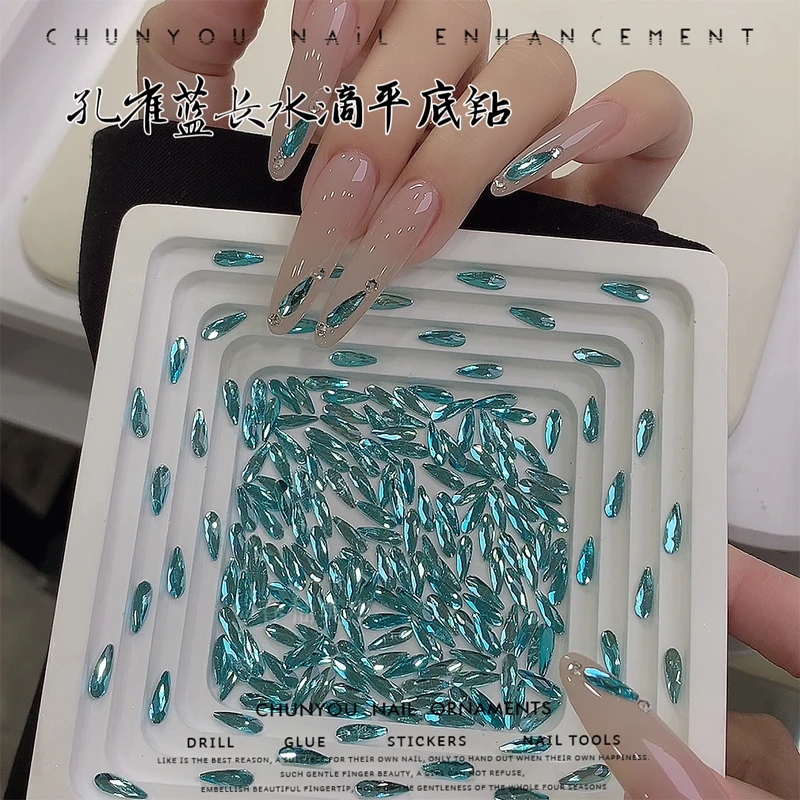 春柚新款孔雀蓝平底长水滴蓝色美甲钻显白大号平底钻