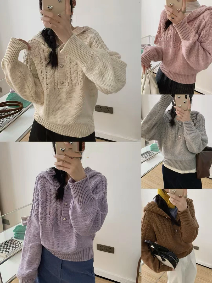 连帽爱心扣毛衣开衫 3829