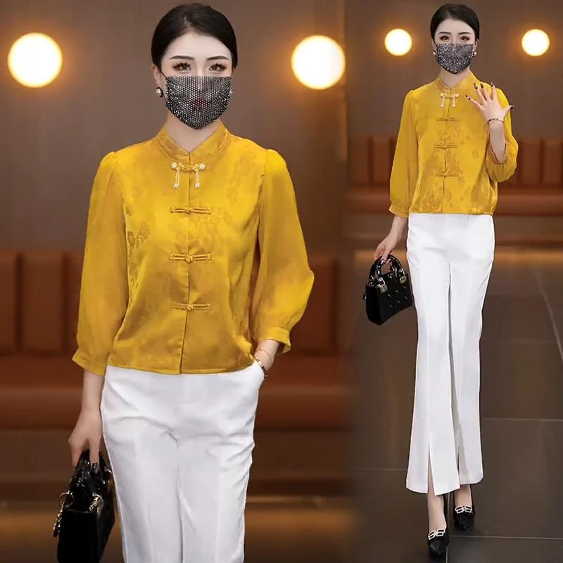 时尚新中式国风七分袖衬衫女2025春秋新款小个子显瘦洋气短款上衣