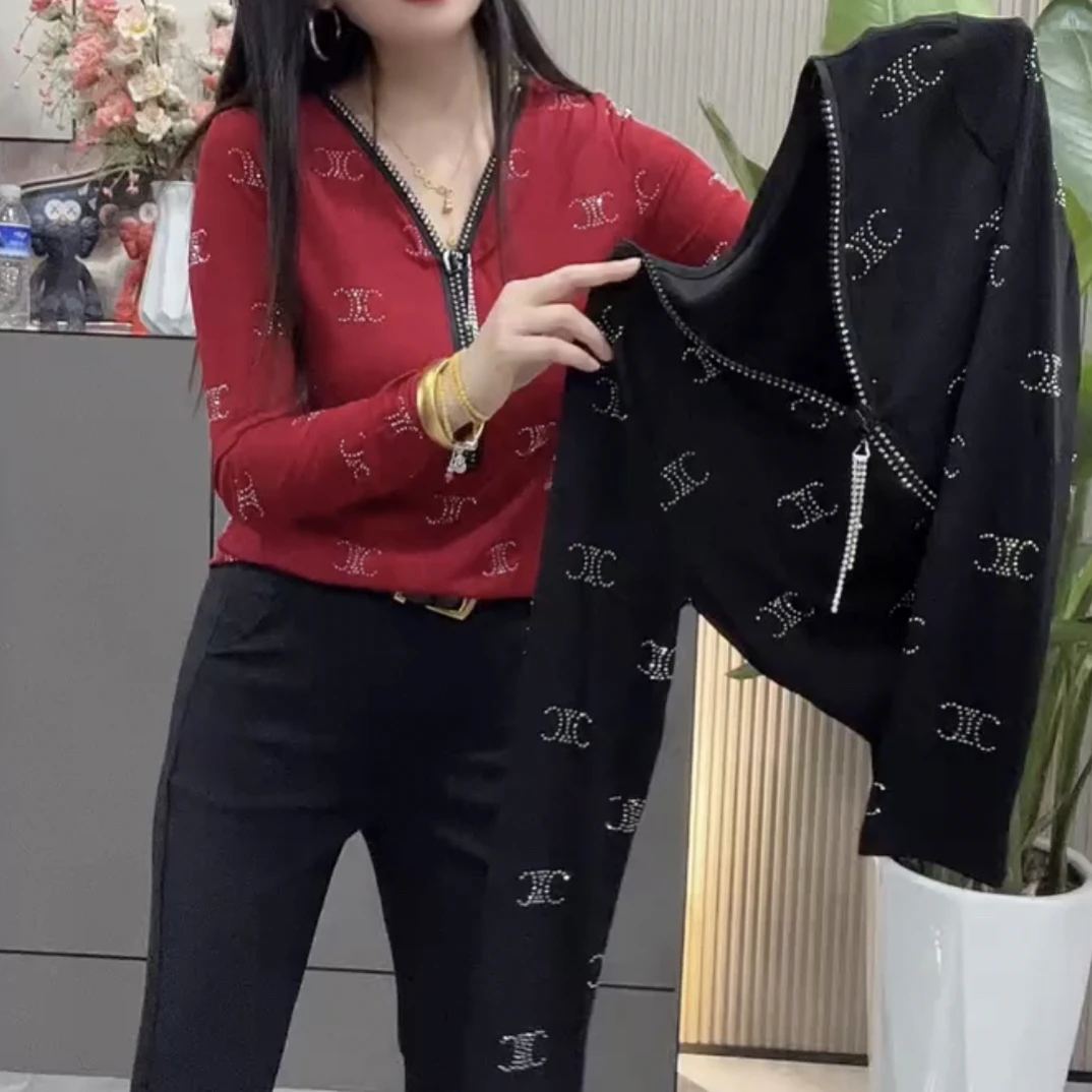 早秋时尚重工烫钻V领拉链长袖T恤衫