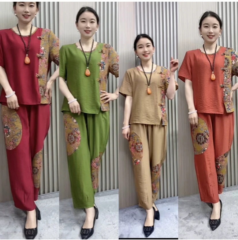 2025夏款妈妈装复古丝光亚麻拼色上衣加裤子休闲宽松显瘦气质女士