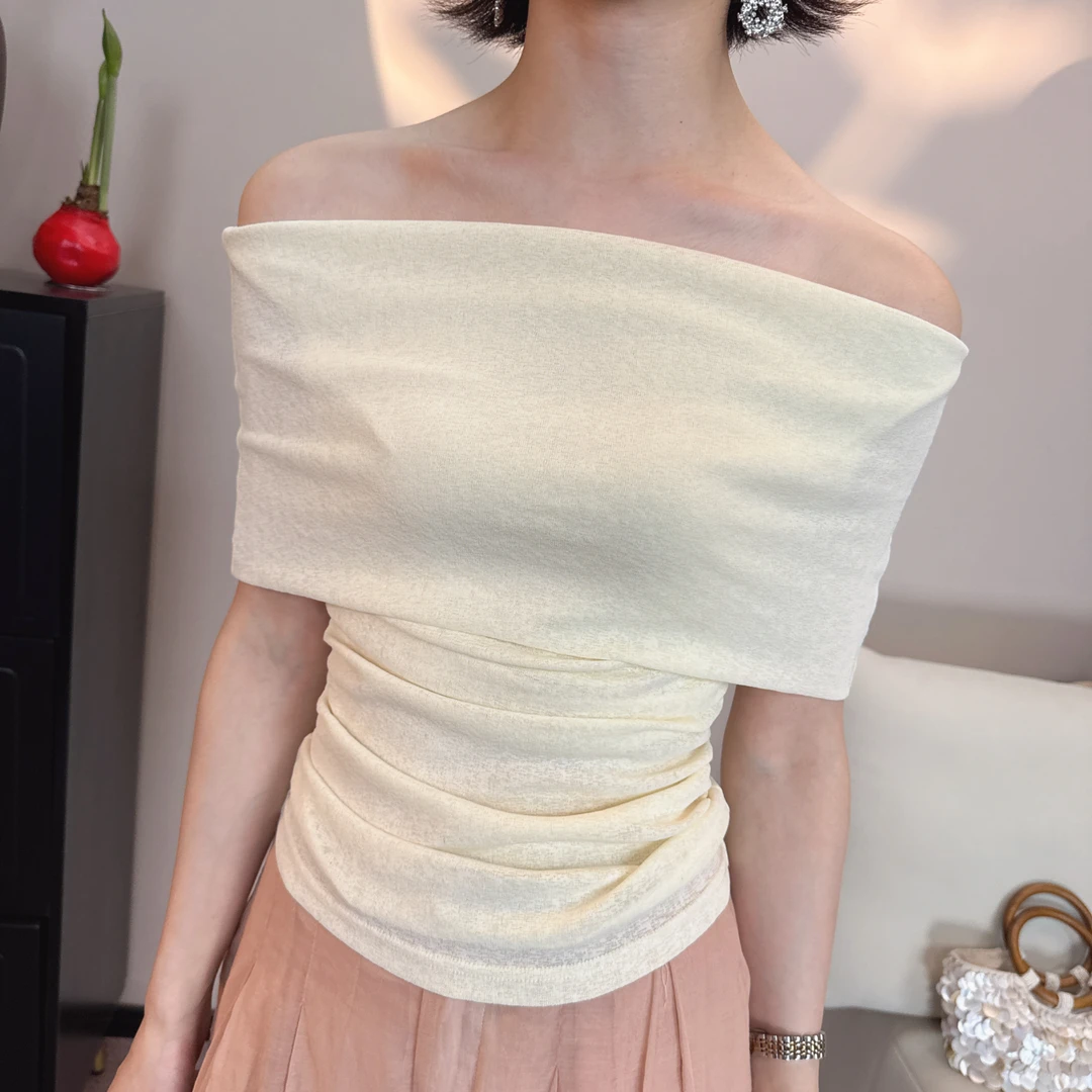 0022一字领虫洞T恤设计感女款蛀虫纱夏季新款小众一字肩露肩气质