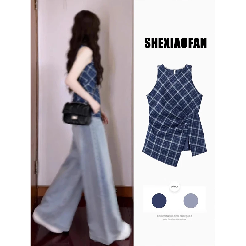 夏季休闲风清新蓝色格子吊带背心小个子女不规则开叉无袖气质上衣