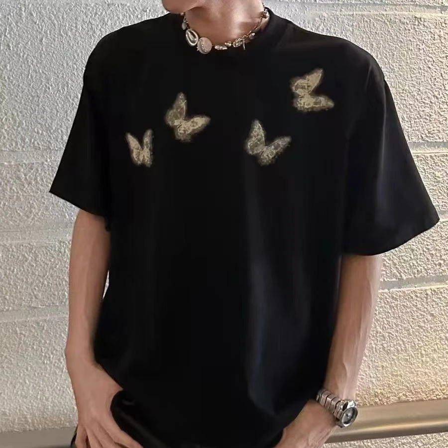 仓石一树男士t恤短袖夏季薄款暗黑蝴蝶印花上衣服轻奢痞帅男装