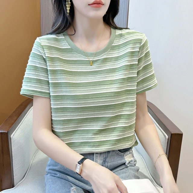 条纹短袖T恤女宽松显瘦2025夏装新款撞色减龄百搭体恤衫大码上衣