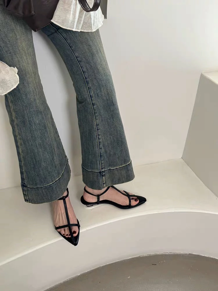 YanJie臻选·韩版尖头十字带坡跟凉拖夏季新款