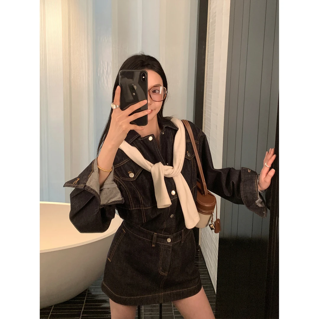 区区欧阳bi入！ 水洗牛仔衬衫连衣裙女春季复古收腰显瘦小个子裙子