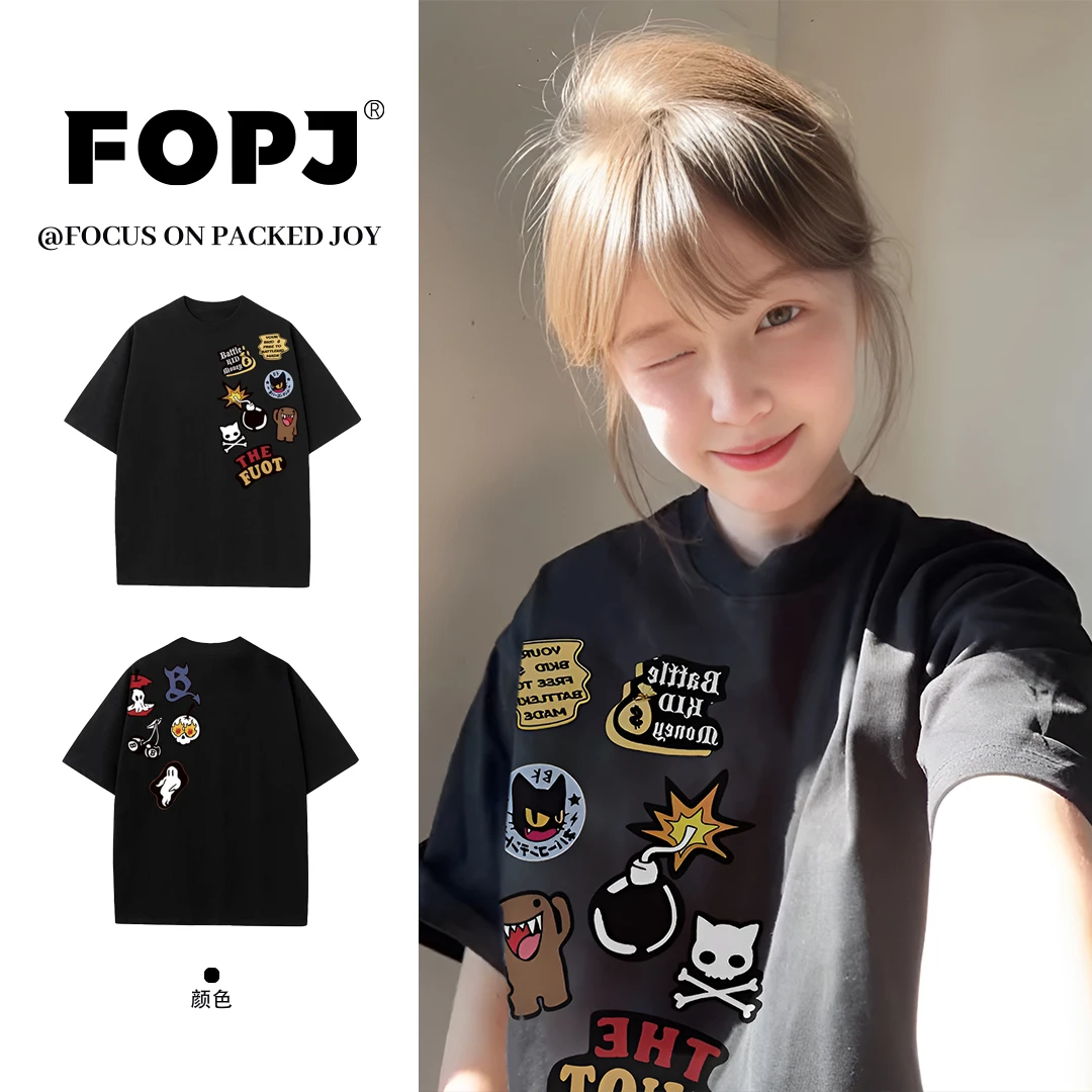 FOPJ美式复古慵懒风休闲百搭潮流短袖t恤女卡通印花宽松圆领上衣