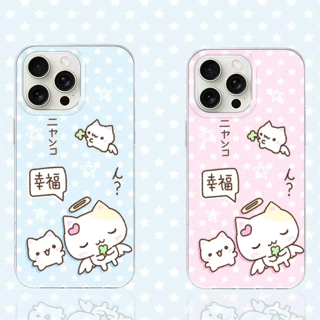 日系情侣幸福猫咪iPhone16大孔15ProMax适用17手机壳13苹果14硬a5
