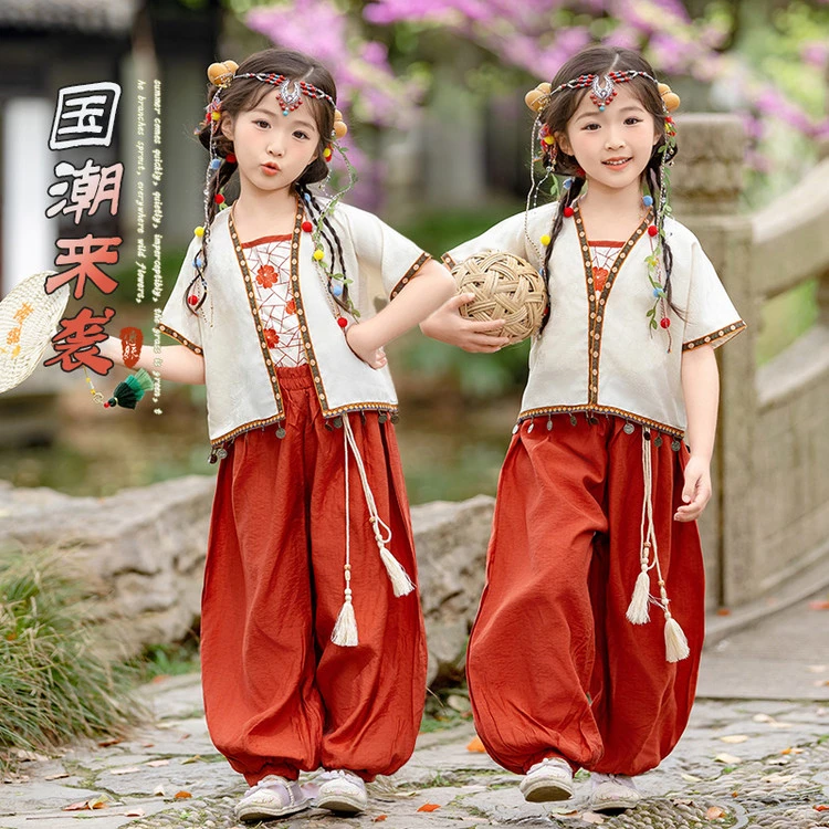 女童民族风扶摇三件套夏款女宝宝超仙唐装汉服儿童装宝宝演出服装