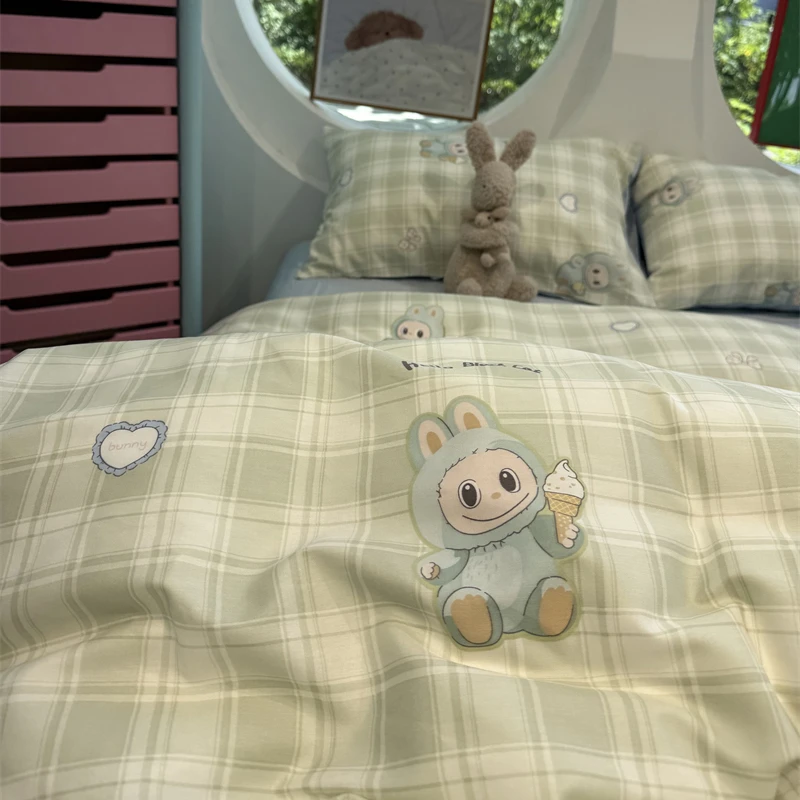 易安阁可爱风少女卡通绿格布布四件套纯棉1.5m1.8学生宿舍三件套