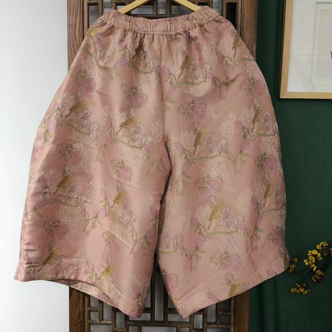 凤徕兮私人定制粉色郁金香暗纹全松紧加衬八分花苞裤(SK5102)