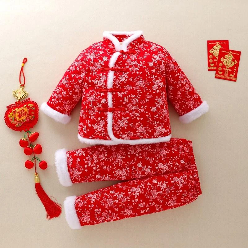 范哲萨网红东北棉袄套装女宝宝小碎花袄民族风冬装婴儿加绒加