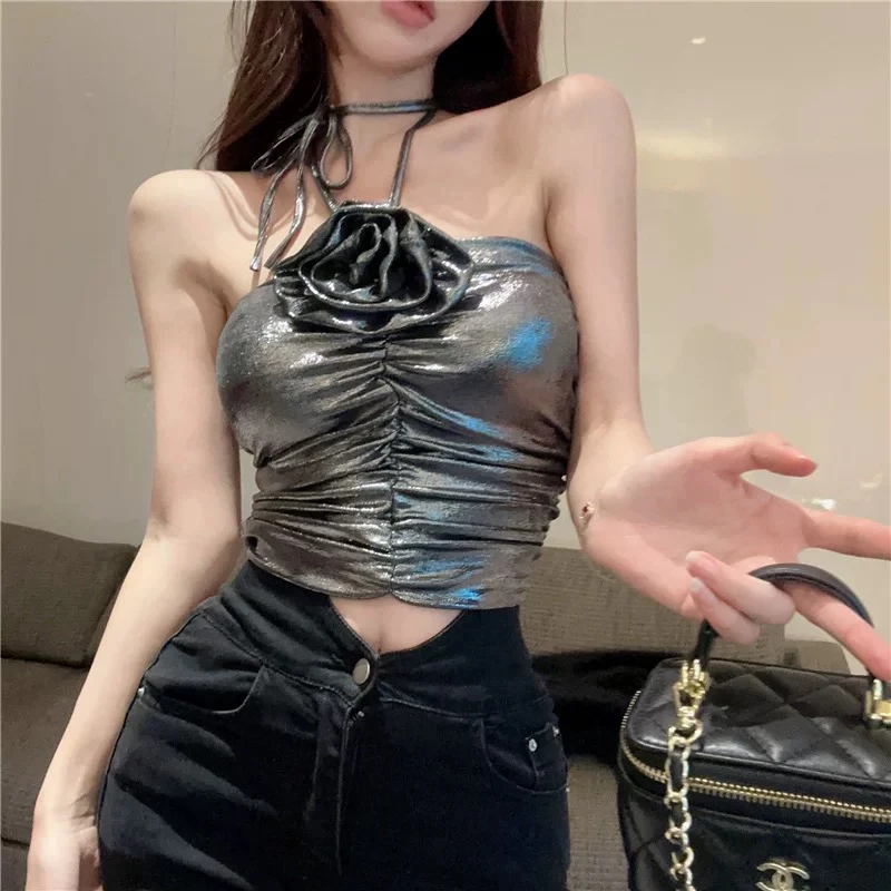 昨日浪漫 亮丝花朵吊带纯欲辣妹性感挂脖上衣