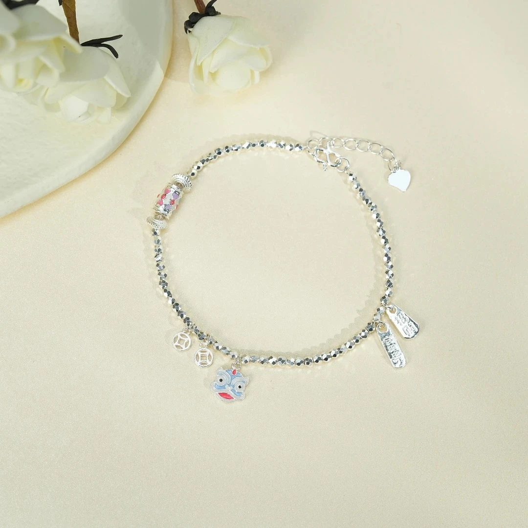 足银手链 醒狮足银999.9珐琅 招财醒狮元宝蹦迪珠手链时尚百搭