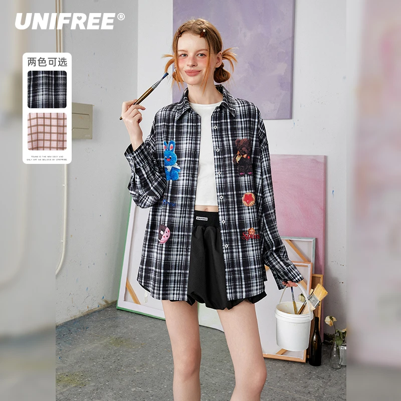 unifree【25年春】雪纺格子长袖衬衣趣味印花垂感宽松韩版薄衬衫