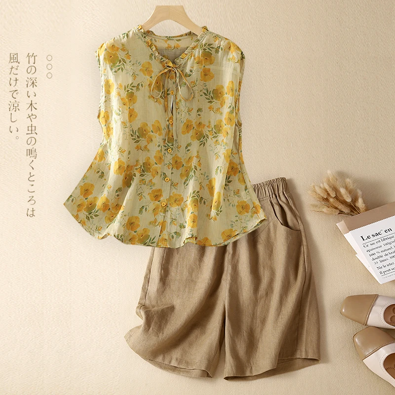 洋气减龄亚麻套装女夏季新款独特漂亮苎麻碎花无袖上衣短裤两件套