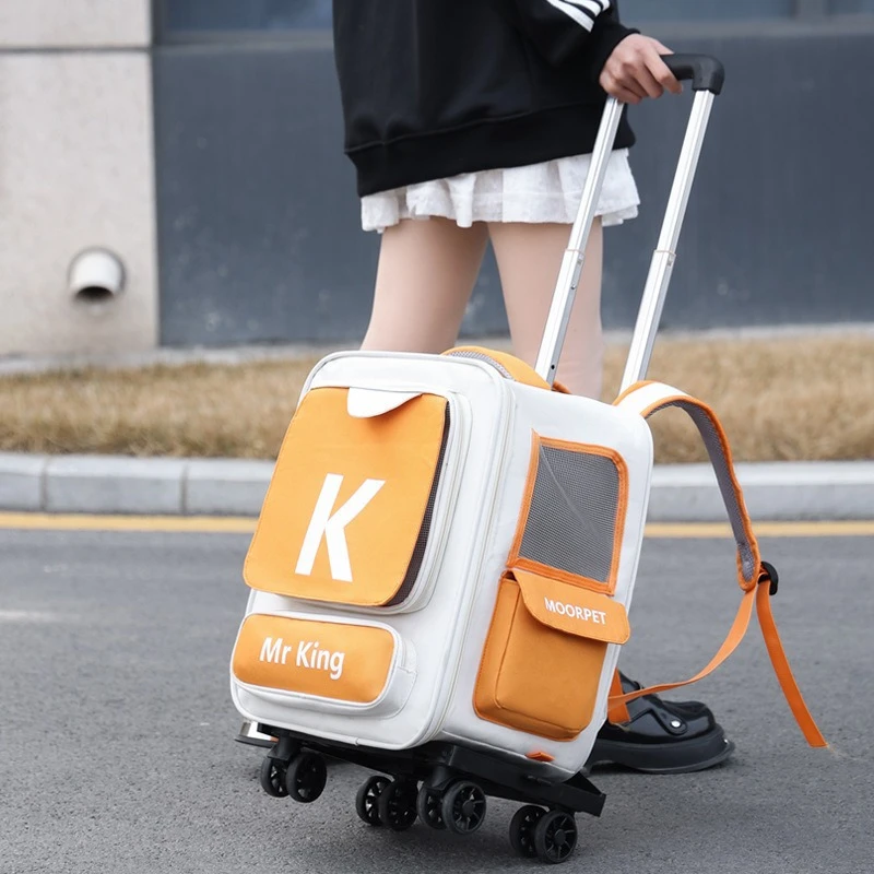 猫包青春撞色四季通用宠物便携拉杆箱双肩包户外透气猫背包跨境