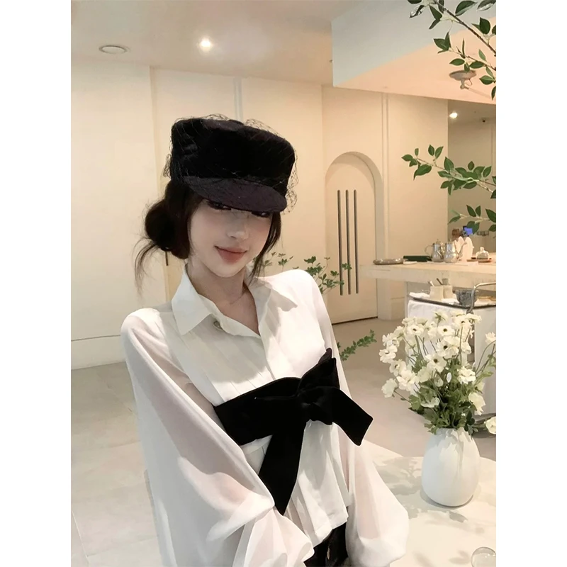 2025秋季新款高级感长袖翻领衬衫蝴蝶结上衣设计感长裤子时尚套装