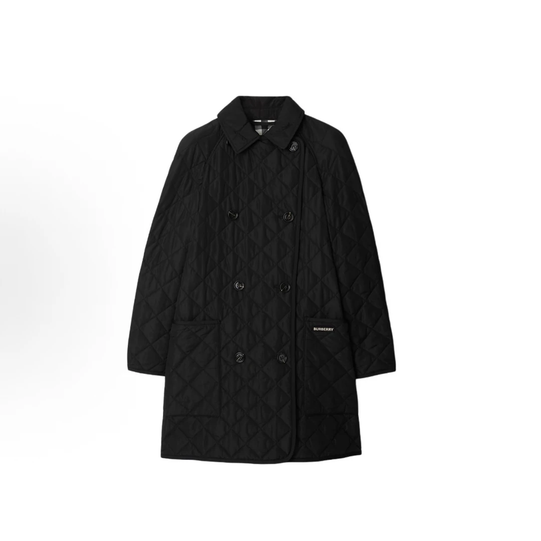 未使用 BURBERRY/博柏利 绗缝翻领双排扣长袖棉服 黑色/驼色