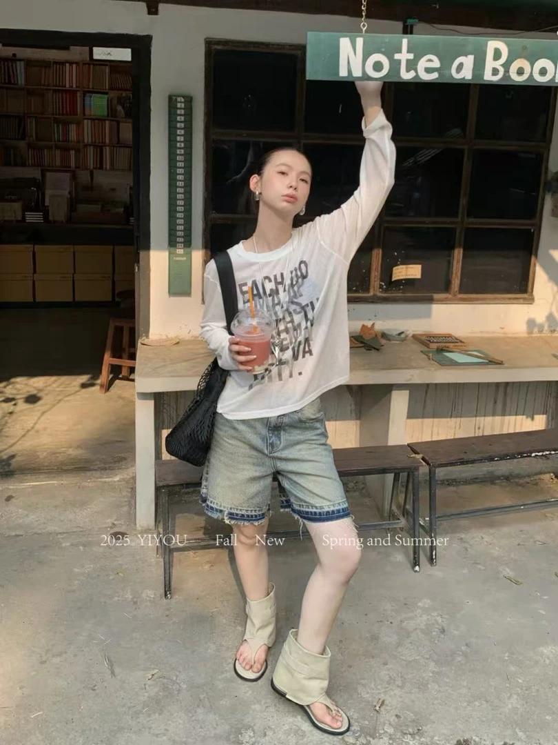 亿尚 福（1ysd26733#）水洗蓝 毛边百搭牛仔短裤 6-7