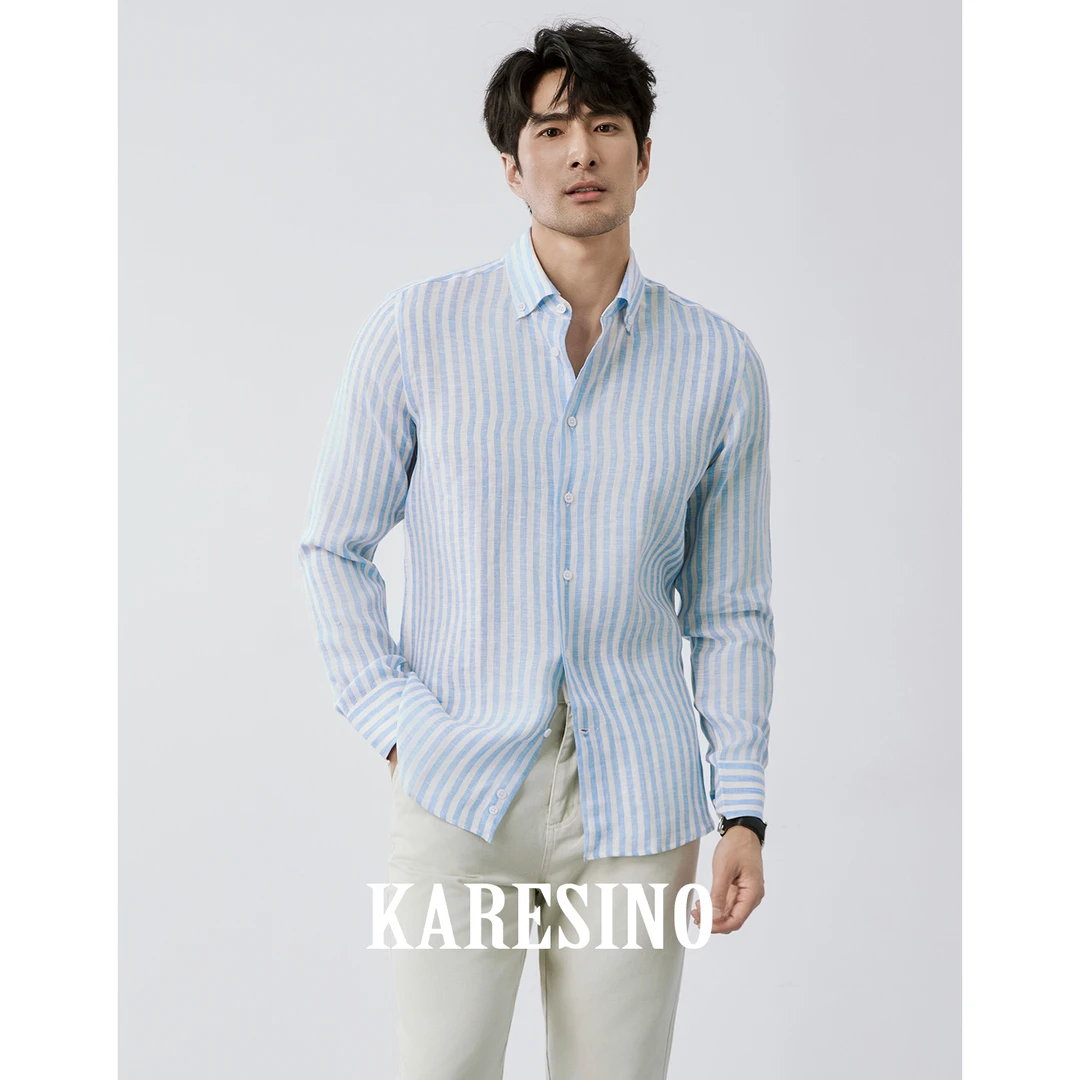 KARESINO高定轻奢条纹100％亚麻衬衣男士商务老钱风男装衬衫长袖