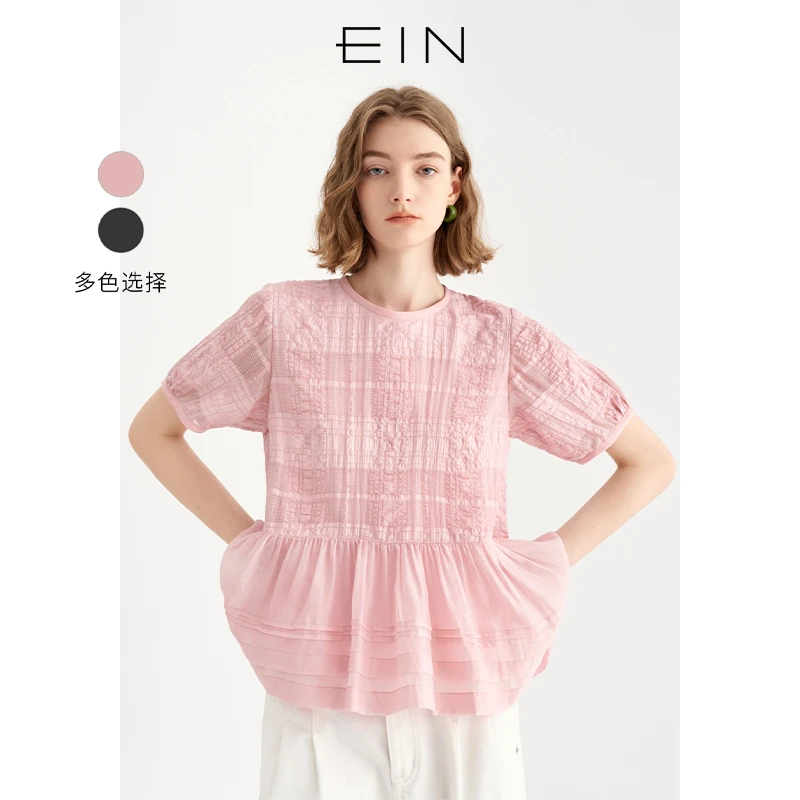 EIN/言圆领碎褶下摆减龄文艺灯笼袖衬衫女格子粉上衣2025夏季新款